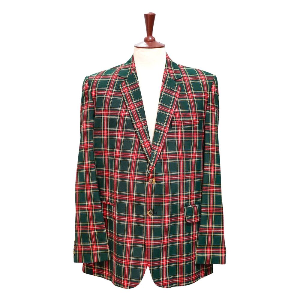 Mens Cotton Sport Coat 42L Green Red Tartan Plaid Blazer 2 Button Wedding Formal